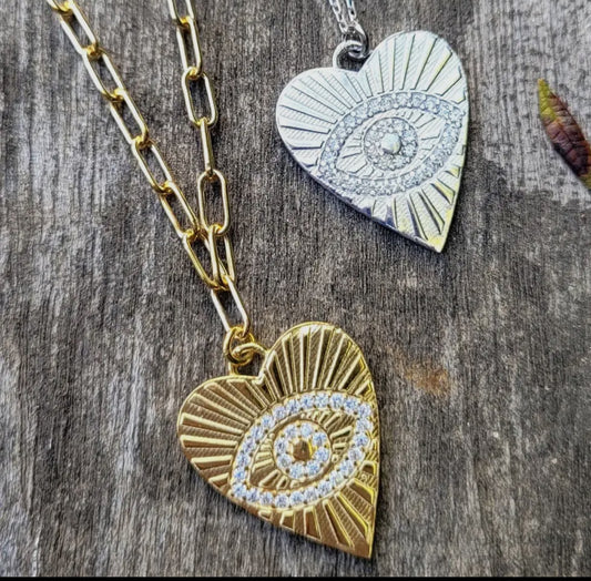 Heart and Evil Eye Necklace Gold
